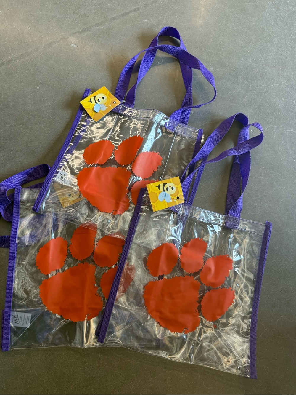 3 Clear clemson Tote Bag with orange Paw Print and Purple Handles -